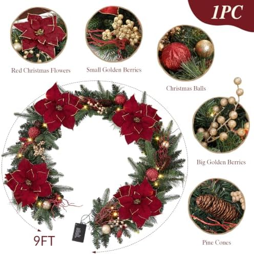 shareconn 9ft prelit christmas garland with multi-color led, close-up detail