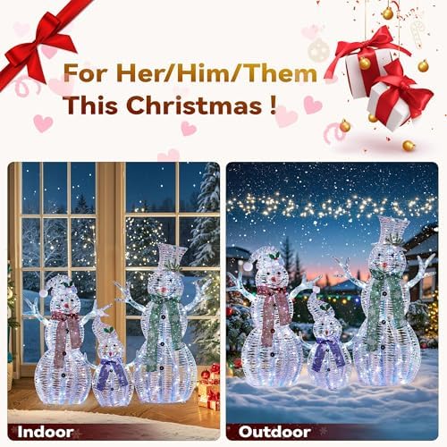 large christmas snowman family decorations with iridescent rattan on a desk or shelf