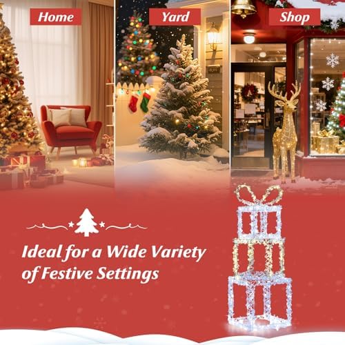 tangkula set of 3 stacked lighted gift boxes, front angle view