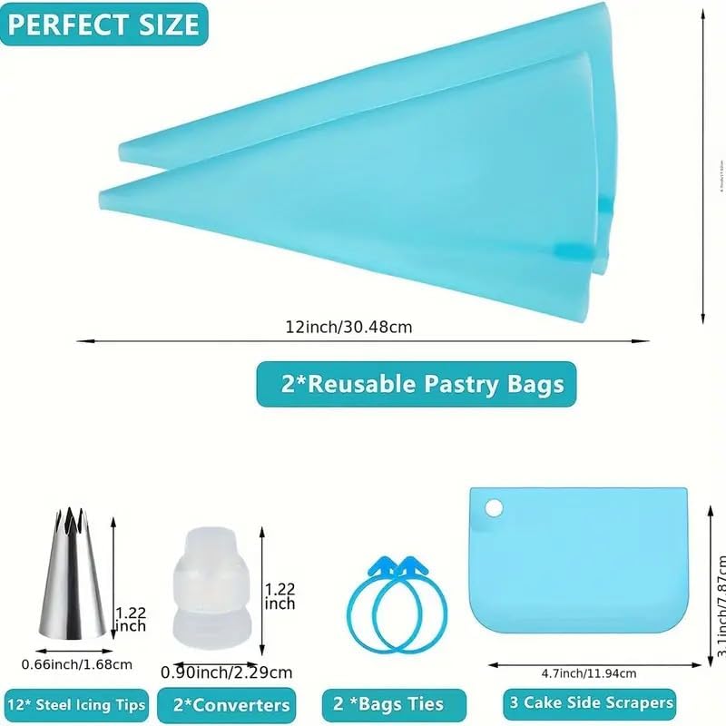 21 Pcs Piping Bags and Tips Set, Cake Decorating Tips Set with 12 Stainless Steel Piping Tips, 2 Reusable Pastry Bag 2 Couplers, 3 Scrapers and 2 Silicone Rings, Cake Piping Tool Supplies, Blue