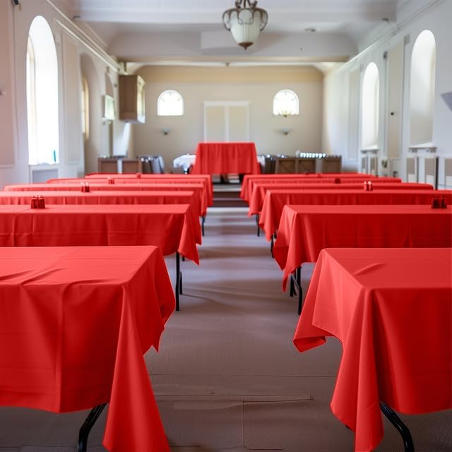 Red Plastic Table Cover Roll - 54IN x 100FT, Table Cloth for Rectangle Table with Slide Cutter, Plastic Table Cloth Disposable with Cut-to-Size Design for Weddings, Banquets, Parties