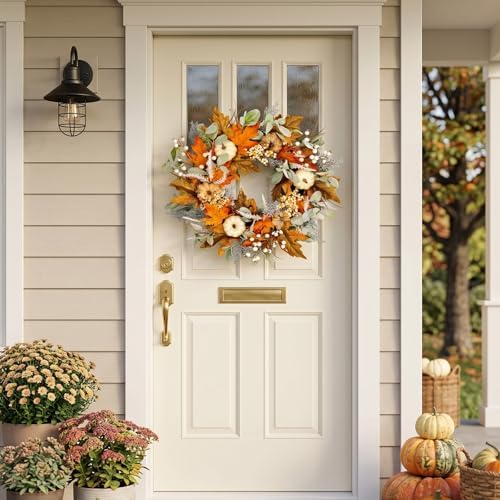 24in pre-lit front door fall wreath,for thanksgiving home, front angle view