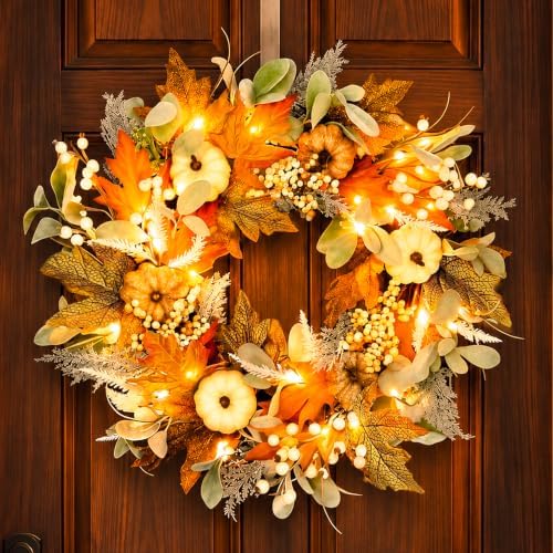 24in pre-lit front door fall wreath,for thanksgiving home, main product view