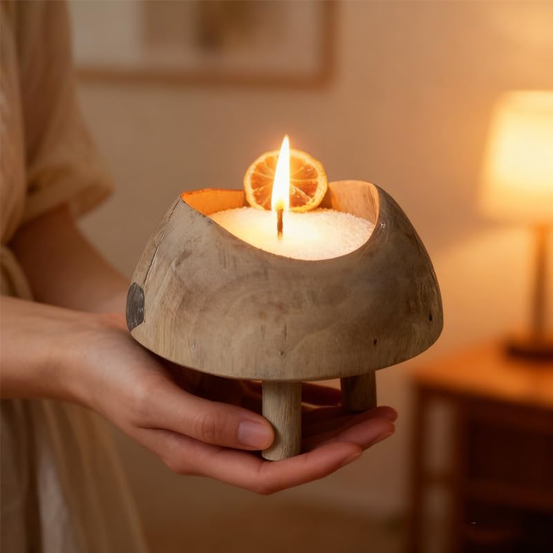 Rustic Wooden Candle Bowl with 18 Oz Refillable Pearled Candle | Sand Candles with 30 Wicks DIY Candle Making Kit Votive Stand Pedestal Holder Decorative Footed Snack Fruit Freeform (White)