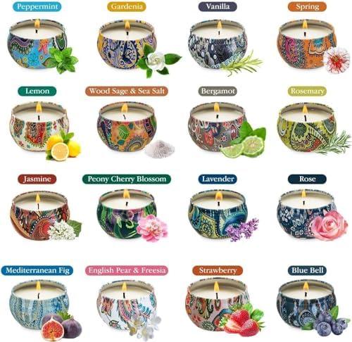 Howemon Scented Candles Gift Set, Natural Soy Wax Portable Travel Tin with Strongly Fragrance Essential Oils for Stress Relief and Aromatherapy - 16 Pack