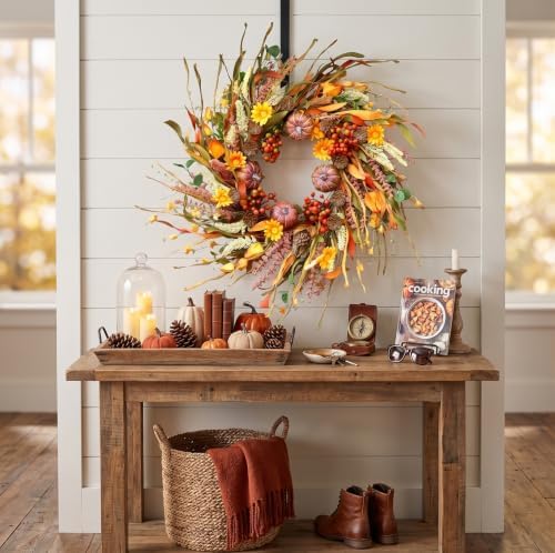 26 inch pumpkin fall wreath for front door, front angle view