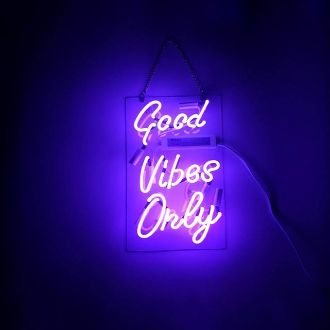 LiQi ™ GOOD VIBES ONLY Real Glass Handmade Neon Wall Signs for Home Decor Wall Light Room Decor Home Bedroom Girls Pub Hotel Beach Cocktail Recreational wedding vibes signs （14" x 8",Purple）