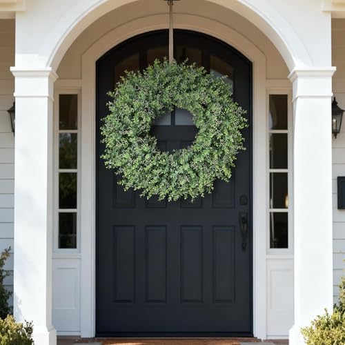 32'' artificial eucalyptus wreath with seeds for front, front angle view