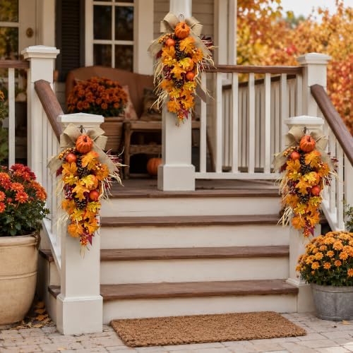 21 inch lighted fall teardrop swag with pumpkins, side view