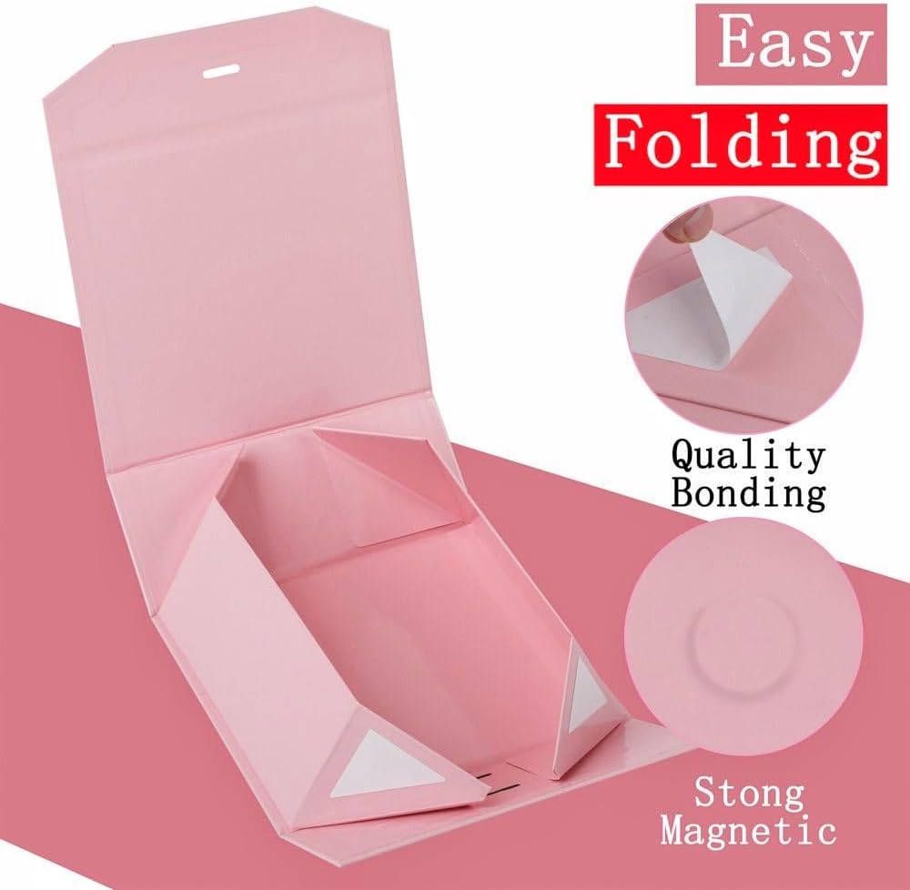 GoooodGift Pink Gift Box with Ribbon 1 Pcs 8x7X3.3 Inch Small Gift Box with Lid Magnetic Closure Rectangle Collapsible Luxury Gift Boxes for Mother's Day、Birthdays、Shredded Paper Filler
