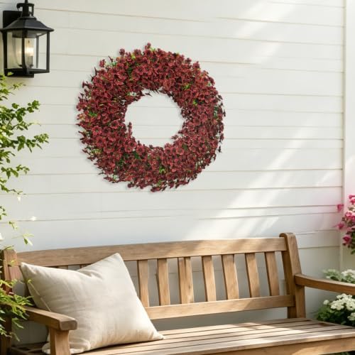 24" burgundy artificial floral wreath for front door showing dimensions