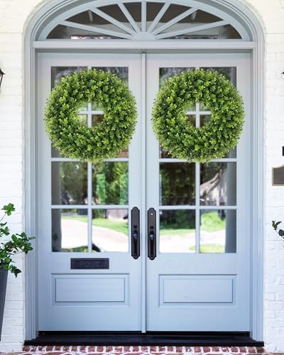 20 inch artificial boxwood wreath for front door on a desk or shelf