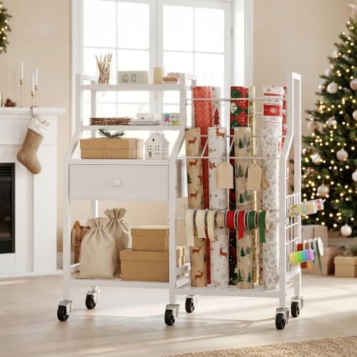 hoobro wrapping paper storage cart, rolling gift wrap, side view