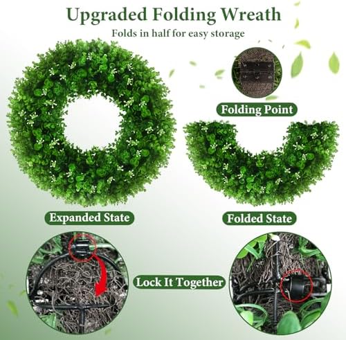 24'' boxwood wreaths front door, foldable green wreath shown in use