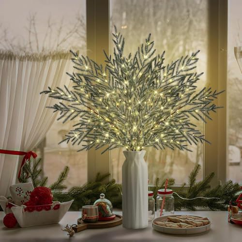 35" lighted norfolk pine branches for vase, long, close-up detail