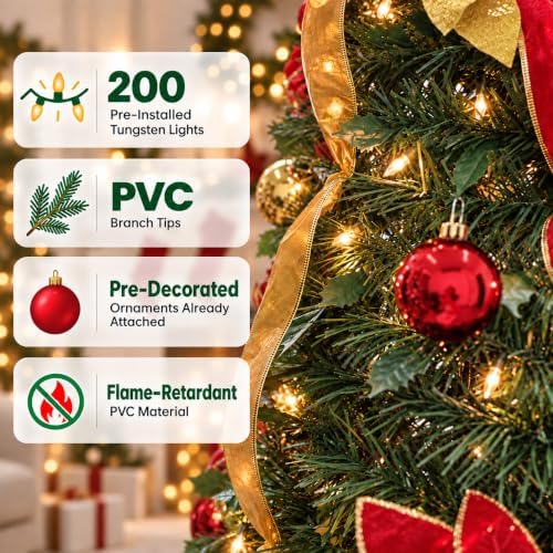 7.5ft prelit pop up christmas tree decoration, collapsible, close-up detail