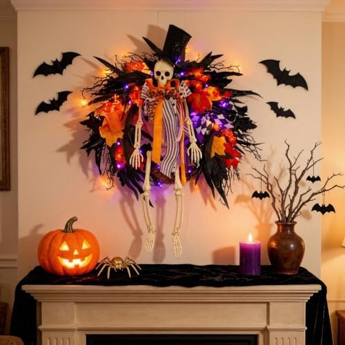 HipTree 28 Inch Halloween Skeleton Wreath for Front Door with Lights