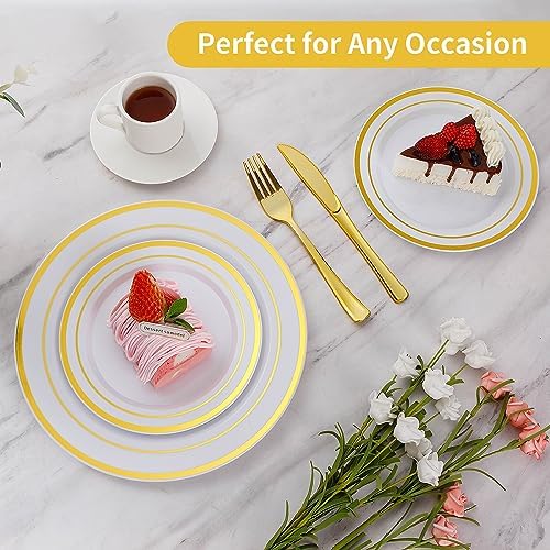 goodluck 200pcs gold plastic plates, heavy duty disposable, close-up detail