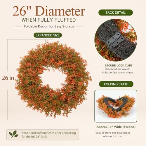 26 inch fall wreaths for front door, large, close-up detail