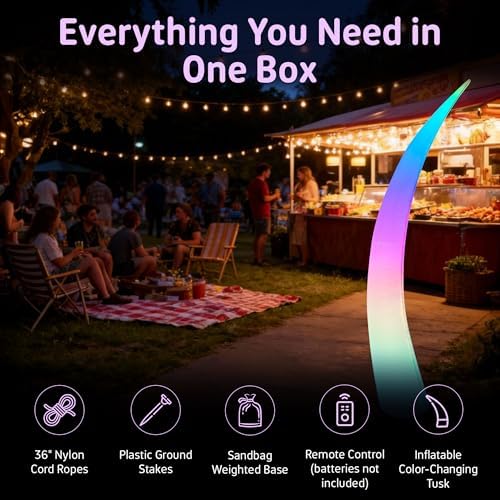 inflatable color changing tusk 10’, sand bag base on a desk or shelf