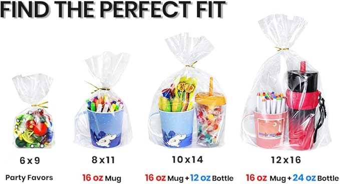PigPotParty Cellophane Bags 8"x11", 50 Pack Clear Gift Bags, 3.15" Bottom Gusset for Stand-Up Display, Plastic Cellophane Gift Wrap, Ideal for Goodies, Treats, Party Favors, Mugs, Includes 50 Ties