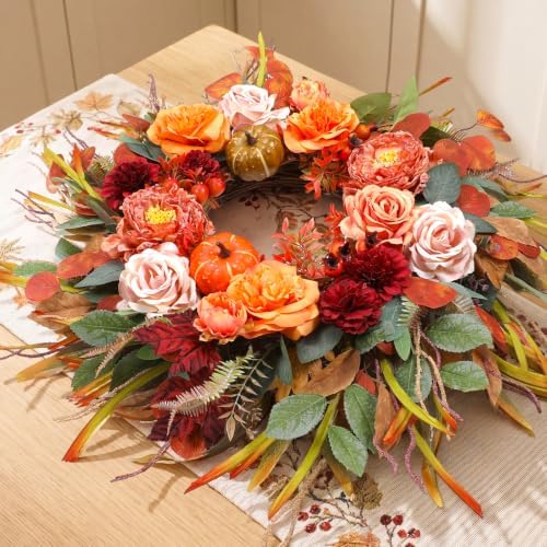 26” fall wreaths for front door, autumn harvest, close-up detail