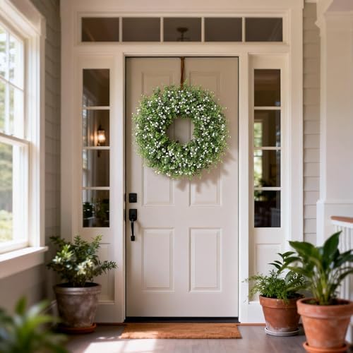 26" artificial eucalyptus wreath with flowers for front on a desk or shelf