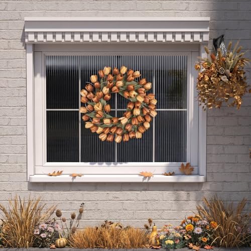 24" tulip fall wreath for front door real on a desk or shelf