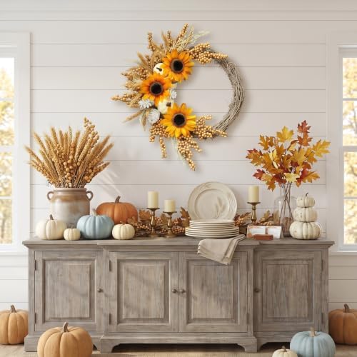 20 inch sunflower fall wreath for front door shown in use