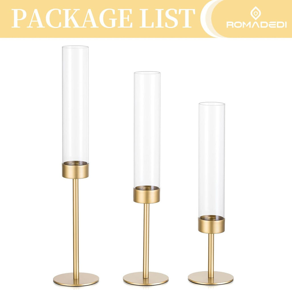Glass Hurricane Candlestick Holders Gold - Romadedi Taper Candle Holder Tall Clear Glass Cylinder Table Centerpiece Wedding Decor Party Birthday Christmas Home Decorations Set of 3