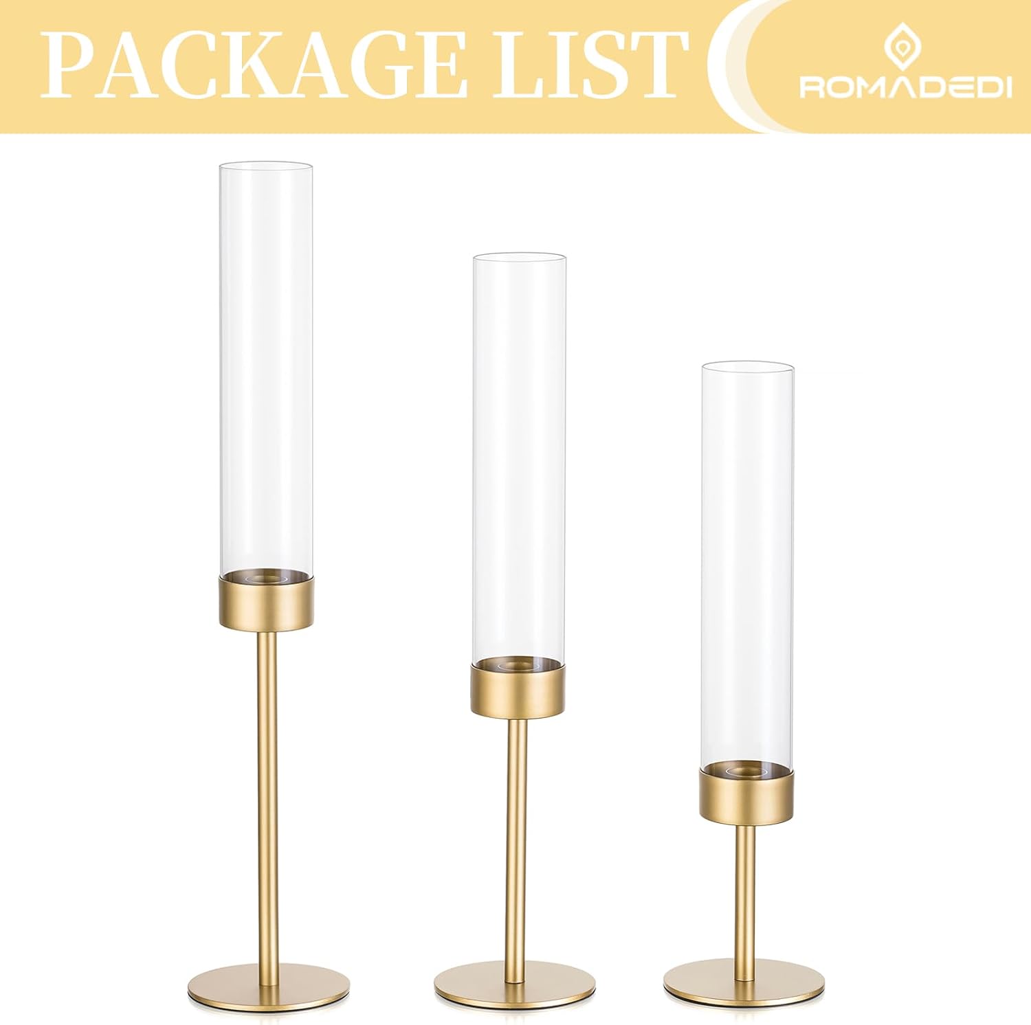 Glass Hurricane Candlestick Holders Gold - Romadedi Taper Candle Holder Tall Clear Glass Cylinder Table Centerpiece Wedding Decor Party Birthday Christmas Home Decorations Set of 3