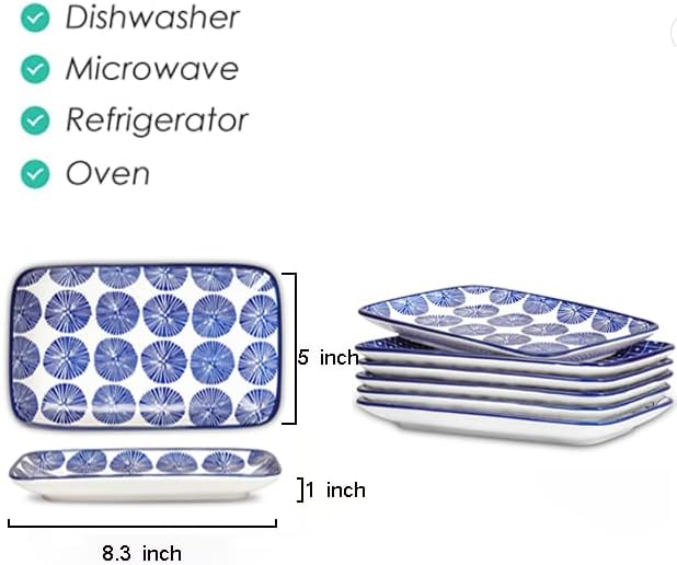Selamica Ceramic 8 inch Rectangular Salad Plates Set of 6, Vintage Blue