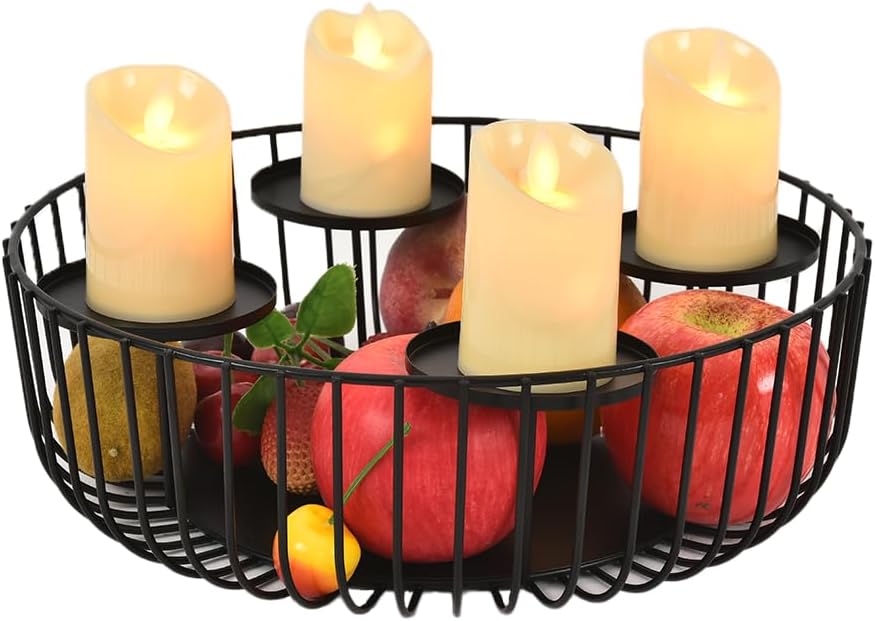 4-Tray Matte Black Candle Holder - Round Pillar Candle Holder for Fireplace Mantel, Dining Table Centerpiece, Modern Wire Basket Candle Stand for Home Decor, Wedding & Holiday Decorations