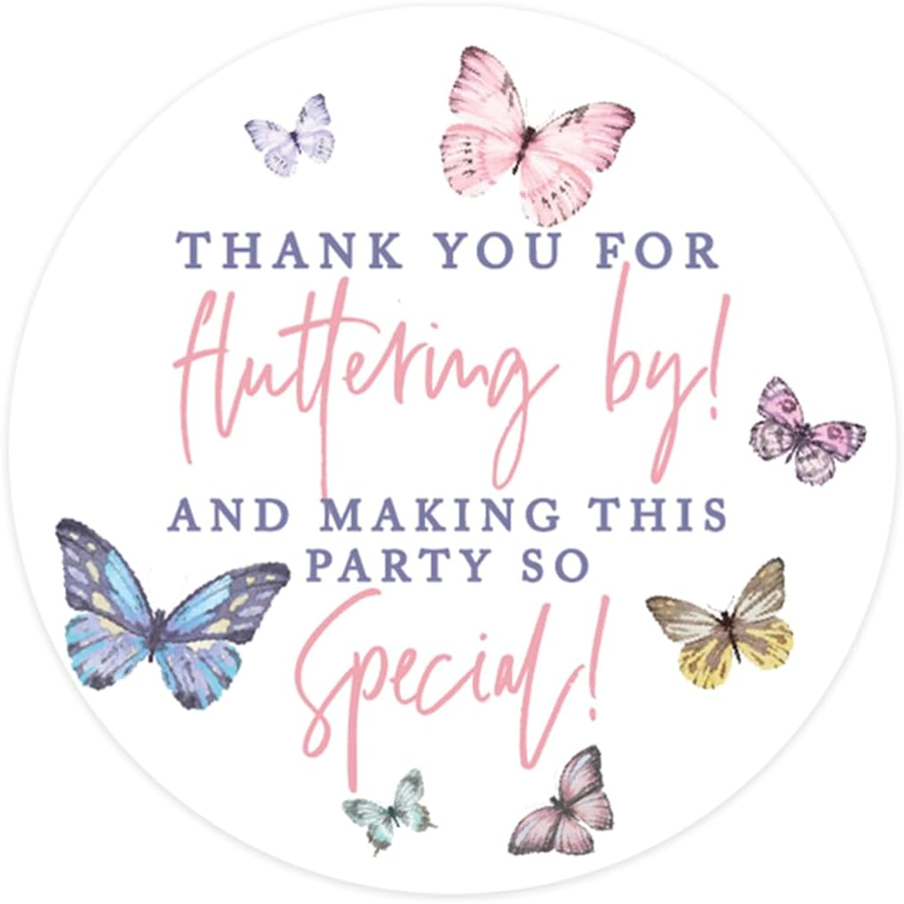 Andaz Press Kids Party Favor Thank You Stickers, Thank You for Fluttering by 80-Pack 2-Inch Round Butterfly Birthday Sticker Labels for Baby Shower 1st Birthday Party Favors, Gift Bags, Girls