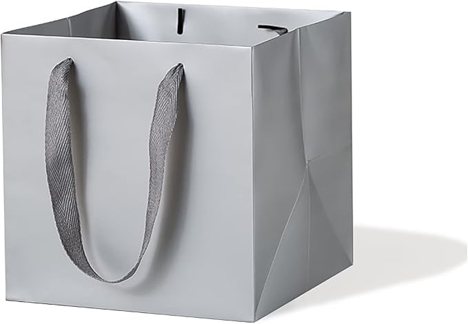 Silver Gray Square Gift Bag 12 in Paper Gift Box Large Square Bottom Kraft Paper Bags with Handles for Party Favor, Birthday Gift Bags (Silver Grey, 12 x 12 x 12 in, 10 CT)
