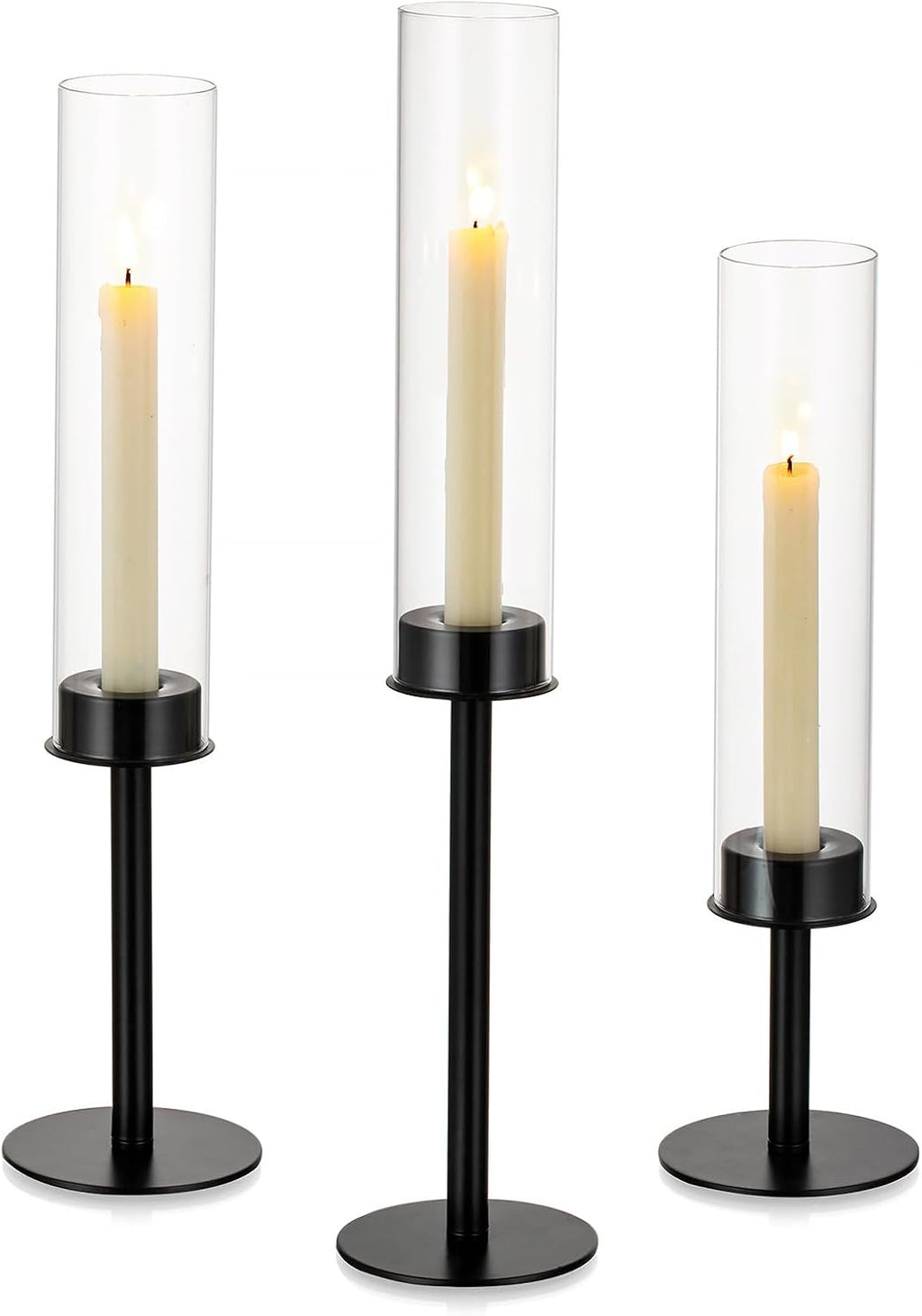 NUPTIO Black Candlestick Holders for Centerpiece: Set of 3 Hurricane Taper Holder with Windproof Glass Cover Long Stem Cylinder Metal Candle Sticks Stands for Halloween Christmas Table Decoration