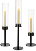 NUPTIO Black Candlestick Holders for Centerpiece: Set of 3 Hurricane Taper Holder with Windproof Glass Cover Long Stem Cylinder Metal Candle Sticks Stands for Halloween Christmas Table Decoration