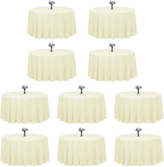 LTC LINENS 10 Pack 120 Inch Round Tablecloth Ivory for 60 Inch Round Table - Bulk Round Table Cover - Washable, Wrinkle Resistant Polyester Fabric Cloth for Wedding, Party