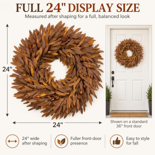 24 inch fall wreaths for front door, artificial, close-up detail