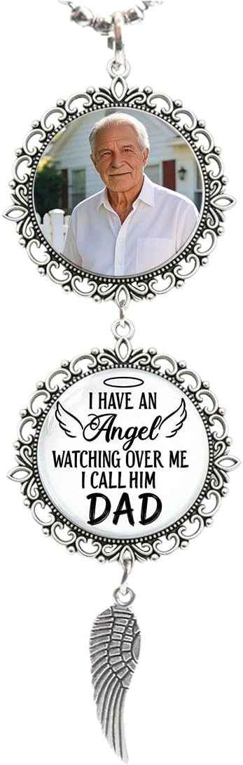Customizable Memorial Car Hanging Ornament for Men - Personalized Photo & Name Angel Wing Pendant, Sympathy Gift for Loss of Father Remembrance Car Decor