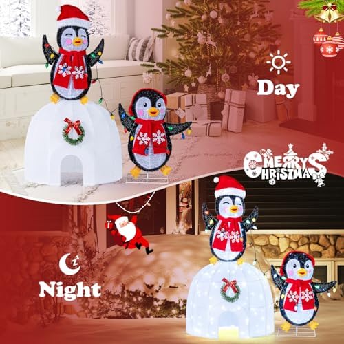 tangkula lighted christmas penguins & igloo, 3d north showing dimensions