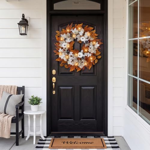 Fall Wreaths for Front Door Outside Autumn Wreath with Lights Berries Pine Co...