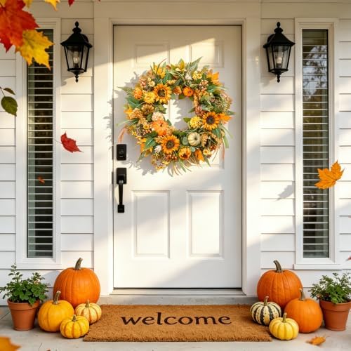 24 inch fall wreaths for front door outside, front angle view