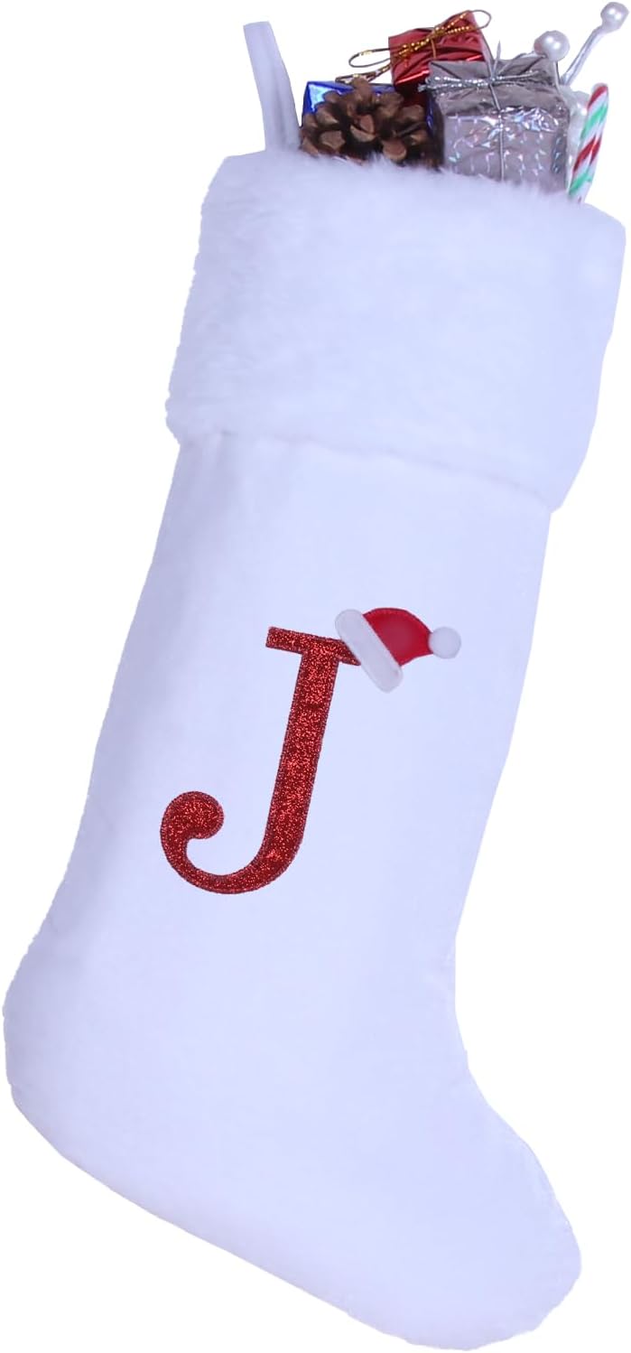 20 Inches Monogram Christmas Stockings with Letters, Large Super Soft Christmas Stockings White Velvet with Super Soft Plush Cuff for Xmas Tree Holiday Fireplace Red Letter J