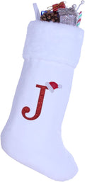 20 Inches Monogram Christmas Stockings with Letters, Large Super Soft Christmas Stockings White Velvet with Super Soft Plush Cuff for Xmas Tree Holiday Fireplace Red Letter J