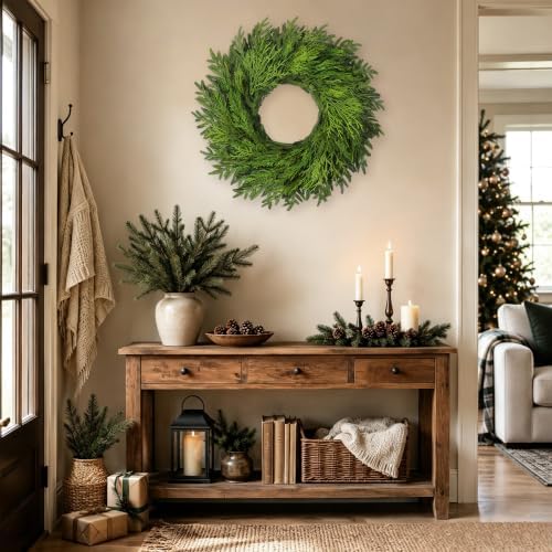 26" large cedar norfolk pine wreath for front, front angle view
