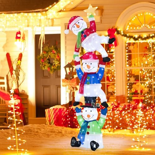 tangkula 6 ft lighted christmas 3 stacked snowman, close-up detail