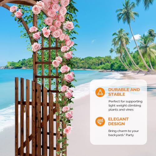vingli 85in wooden arbor garden arch, wedding arch showing dimensions