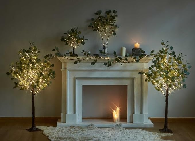 Hairui Lighted Artificial Eucalyptus Garland 6FT 96 LED Battery Operated Faux Vine Lights with Timer for Spring Wedding Backdrop Wall Decor