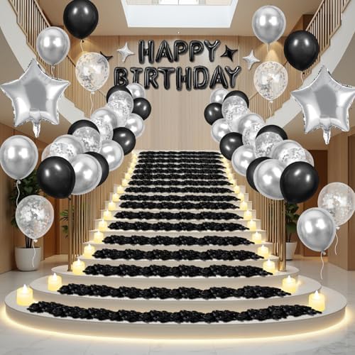 black happy birthday balloons decorations silver and black, front angle view